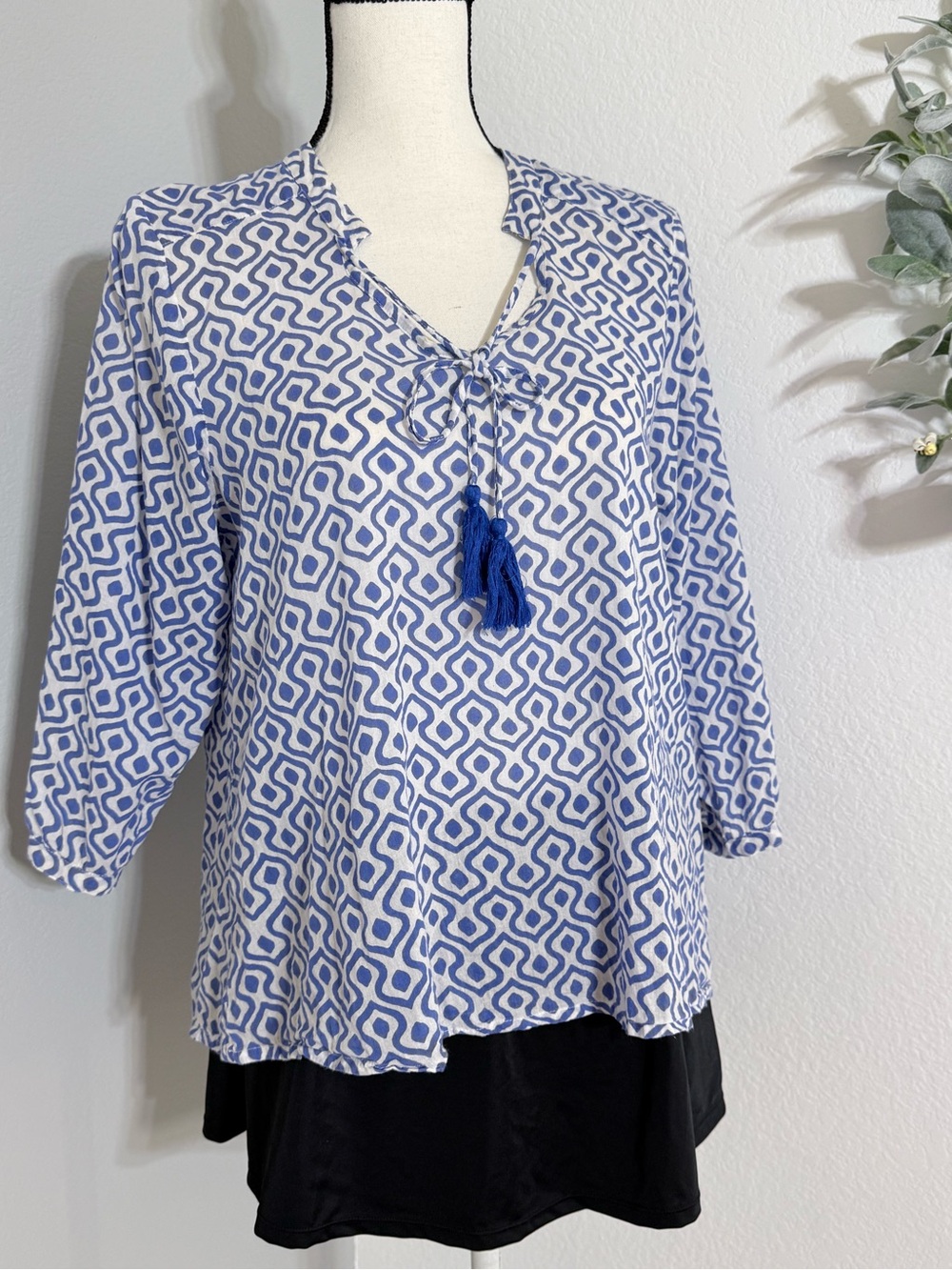 Oliphant Tasseled Diamond Patterned Tunic Top Blouse, Blue Size Small